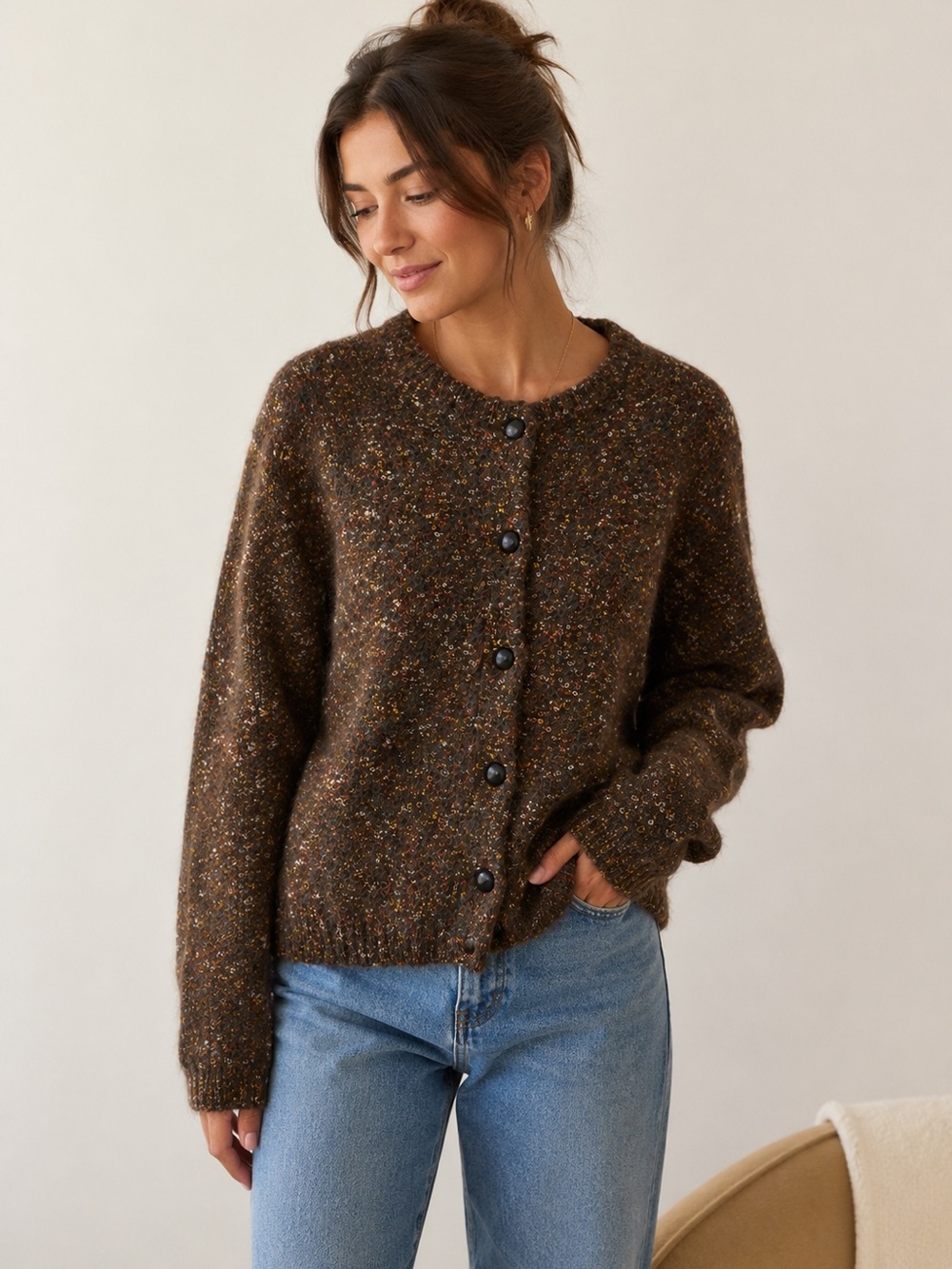 Paul Et Duffier Mohair Blend Speckled Cardigan Sweater Cozy Grandpa Core Size M